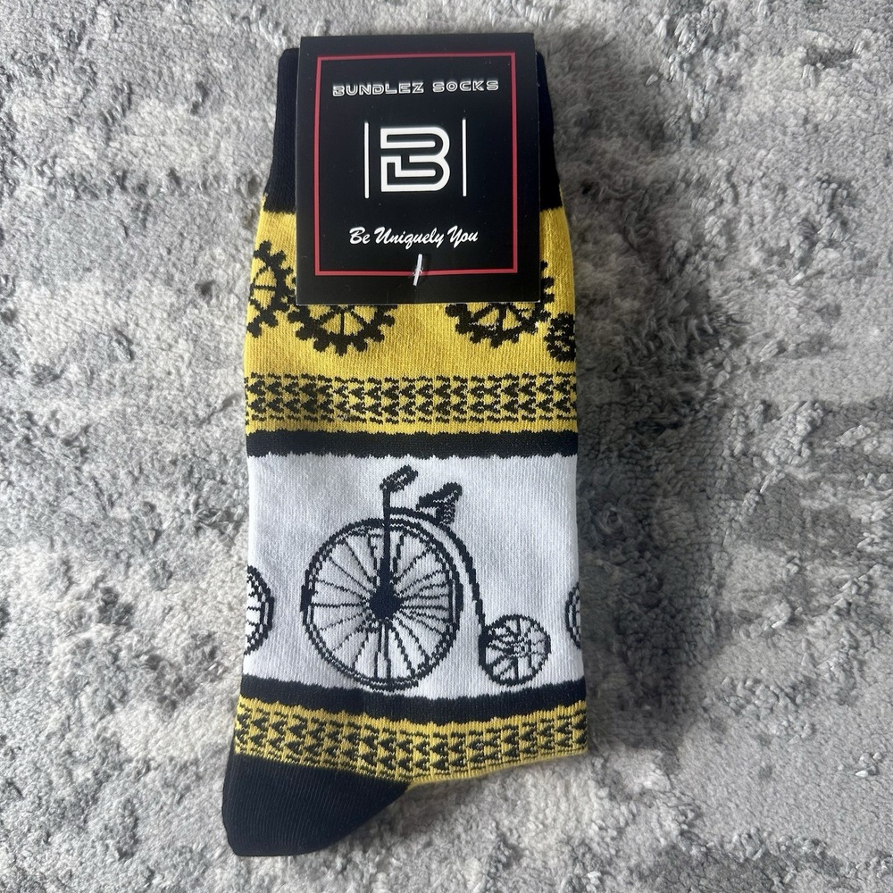 Bundlez Socks Vintage Bicycle Gear Novelty Crew Socks Yellow Black White Adult